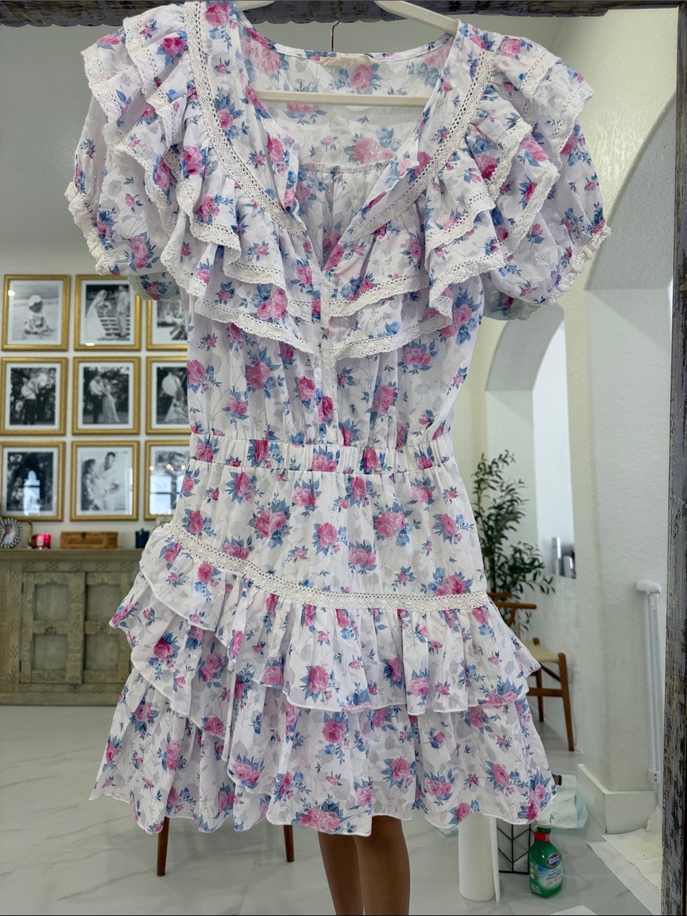 Floral Ruffle Mini Dress in White and blue with Pink Roses